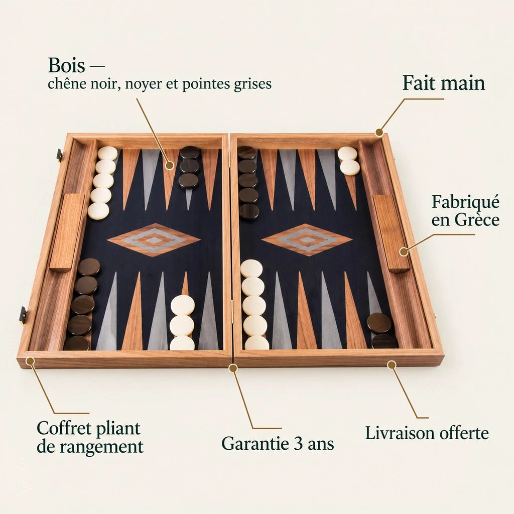Backgammon Manopoulos BKB1 z orecha a čierneho duba — kľúčové vlastnosti
