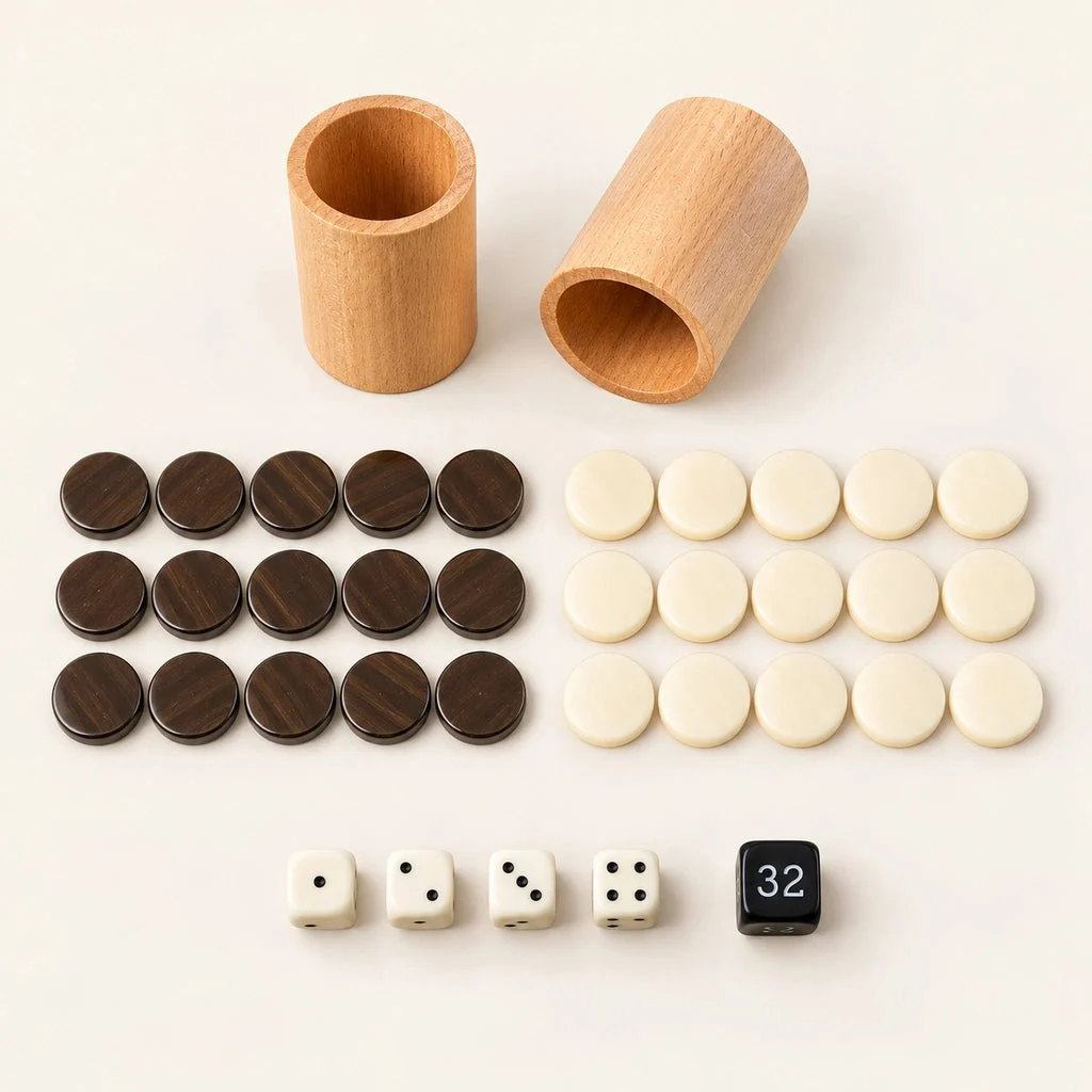 Backgammon Manopoulos BKB1 z orecha a čierneho duba — žetóny, kocky a poháriky