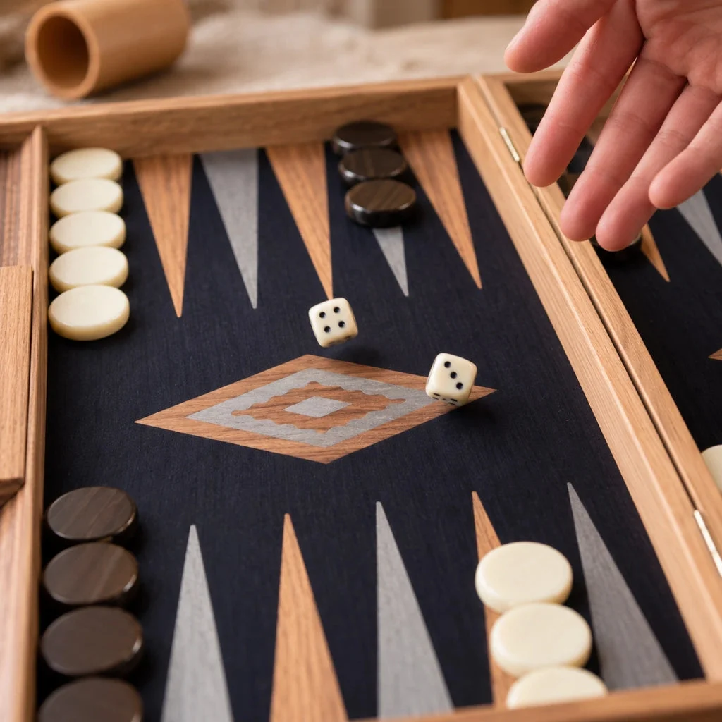 Backgammon Manopoulos BKB1 z orecha a čierneho duba — hod kockami