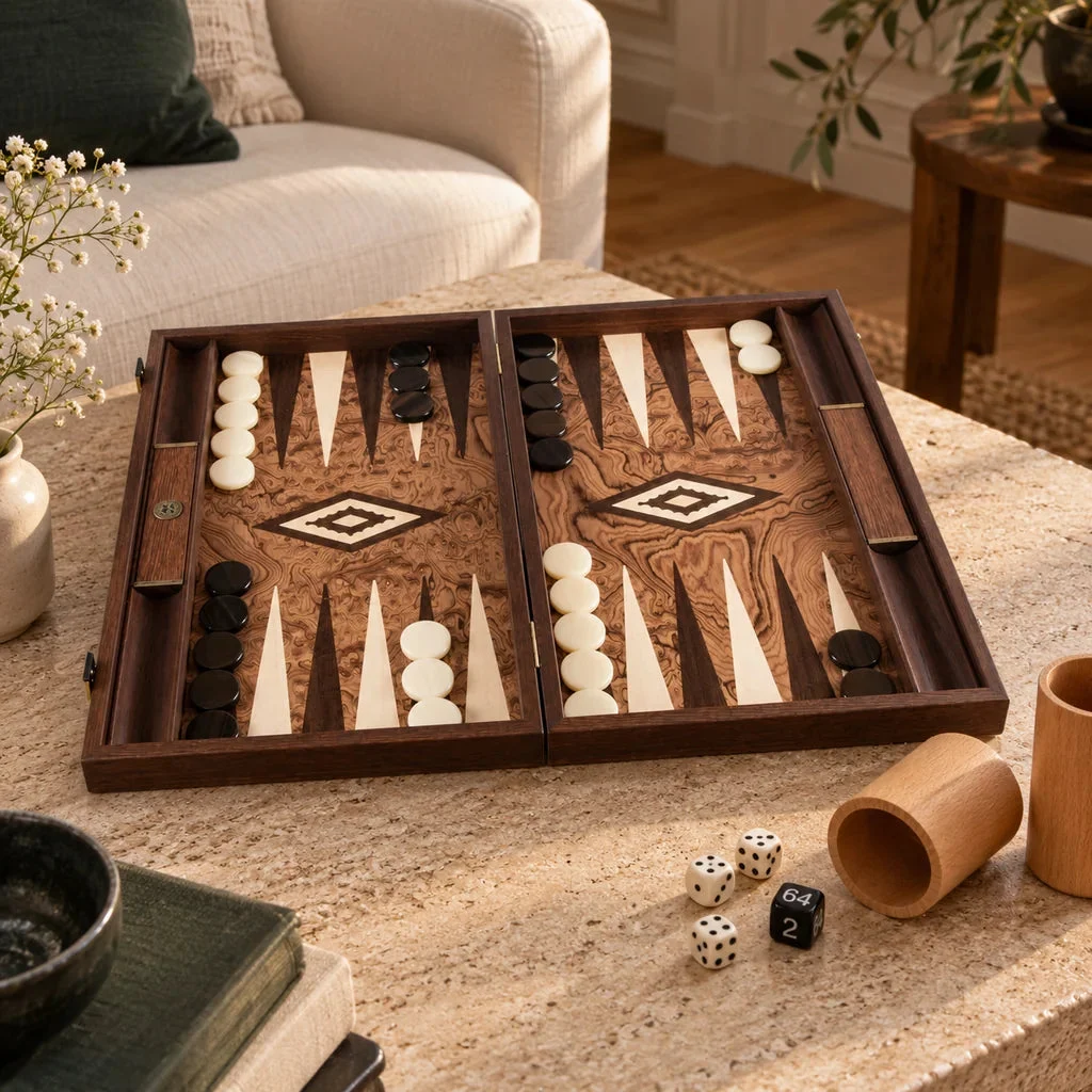 Backgammon Manopoulos BJJ1 i valnødrod — opstillet