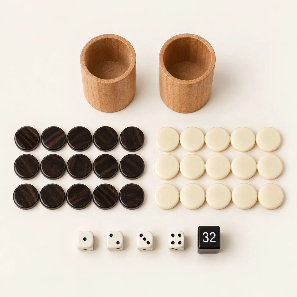 Backgammon Manopoulos BJJ1 i valnødrod — brikker, terninger og bægre