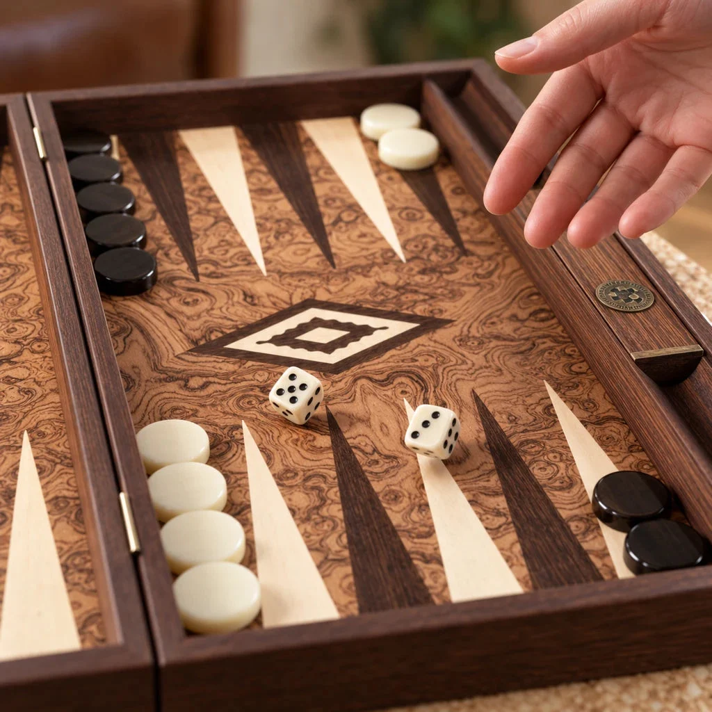 Backgammon Manopoulos BJJ1 i valnødrod — terningkast