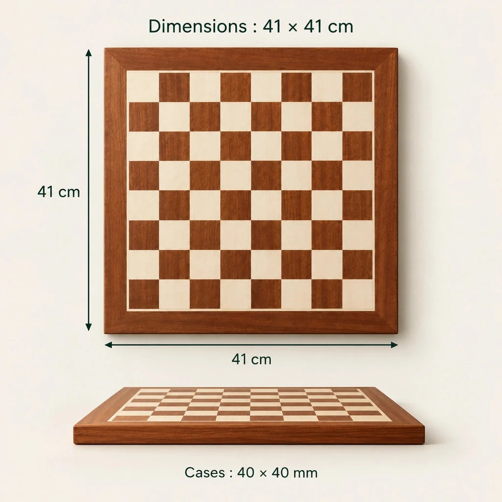 Tablero de ajedrez n.º 4 de caoba y arce sicómoro — dimensiones