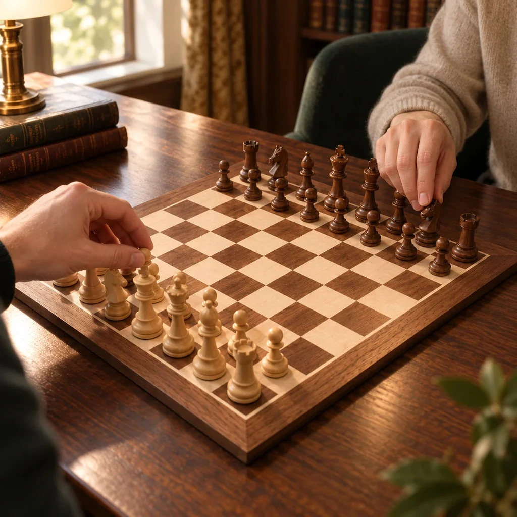 No. 4 walnut and sycamore chess board — setting up a game