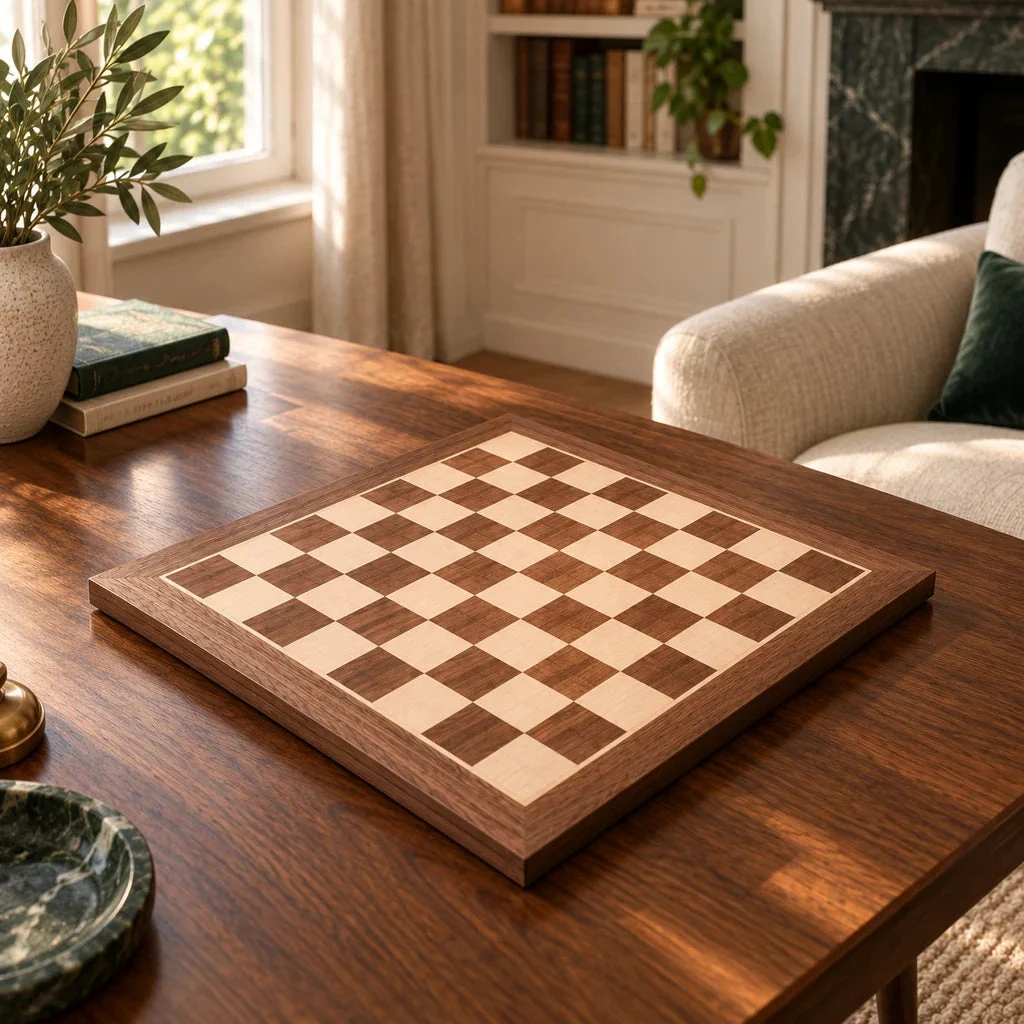 No. 4 walnut and sycamore chess board — styled in a living room