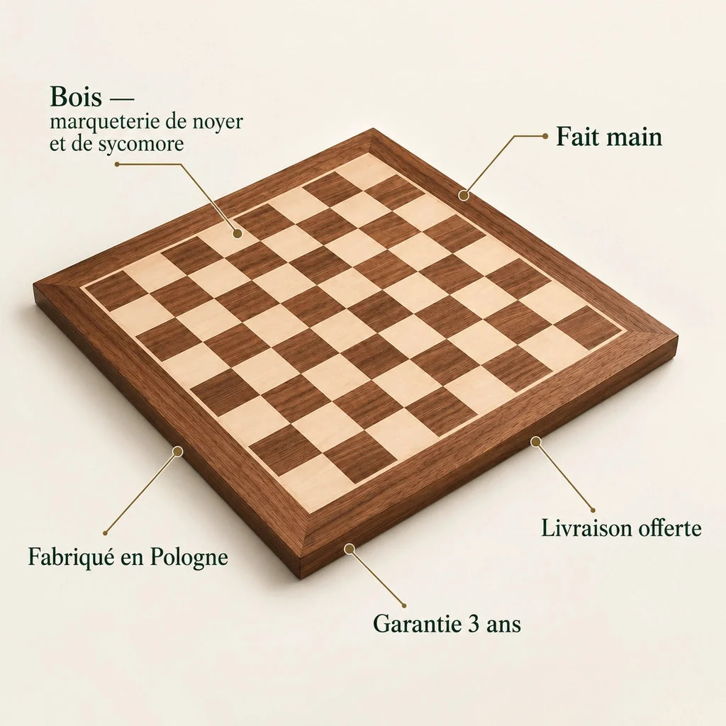 No. 4 walnut and sycamore chess board — key features