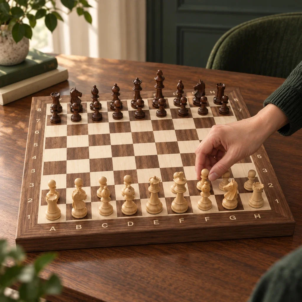 No. 4 walnut and sycamore chess board with notation — setting up a game