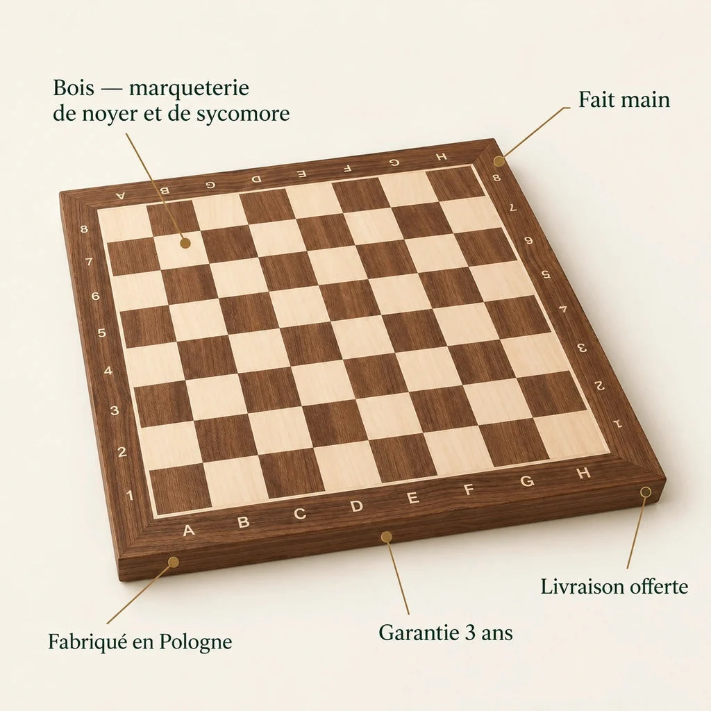 No. 4 walnut and sycamore chess board with notation — key features