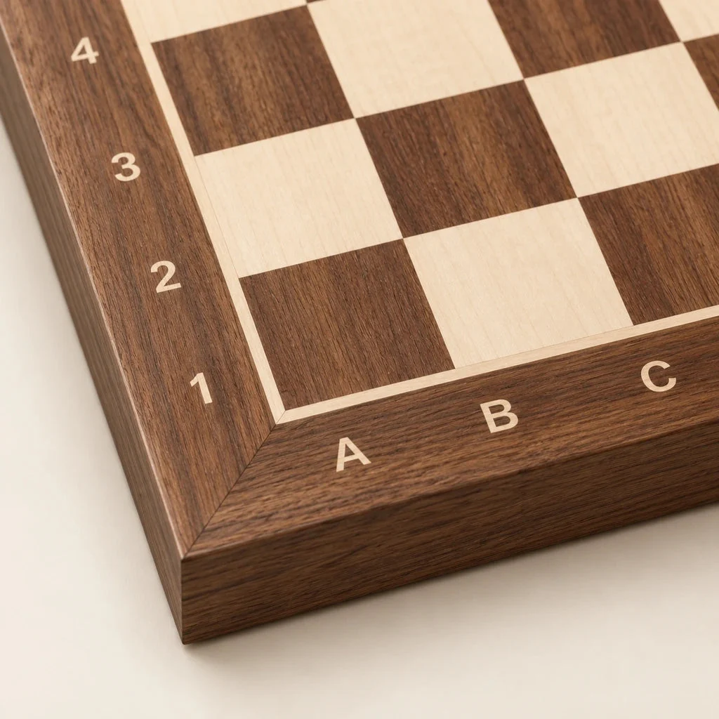 No. 4 walnut and sycamore chess board with notation — detail of the border