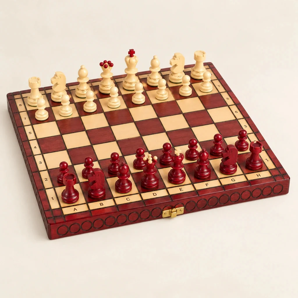 L’Opaline cherry chess set — overview on a cream background