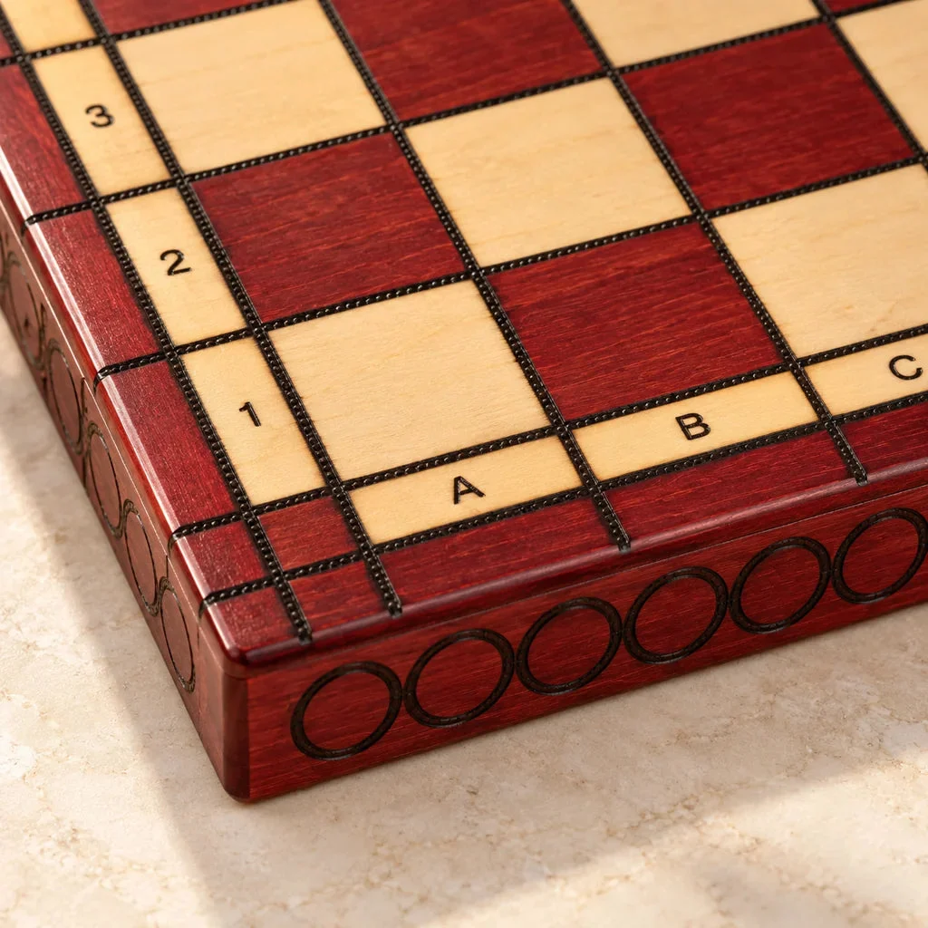 L’Opaline cherry chess set — detail of the wood and decoration