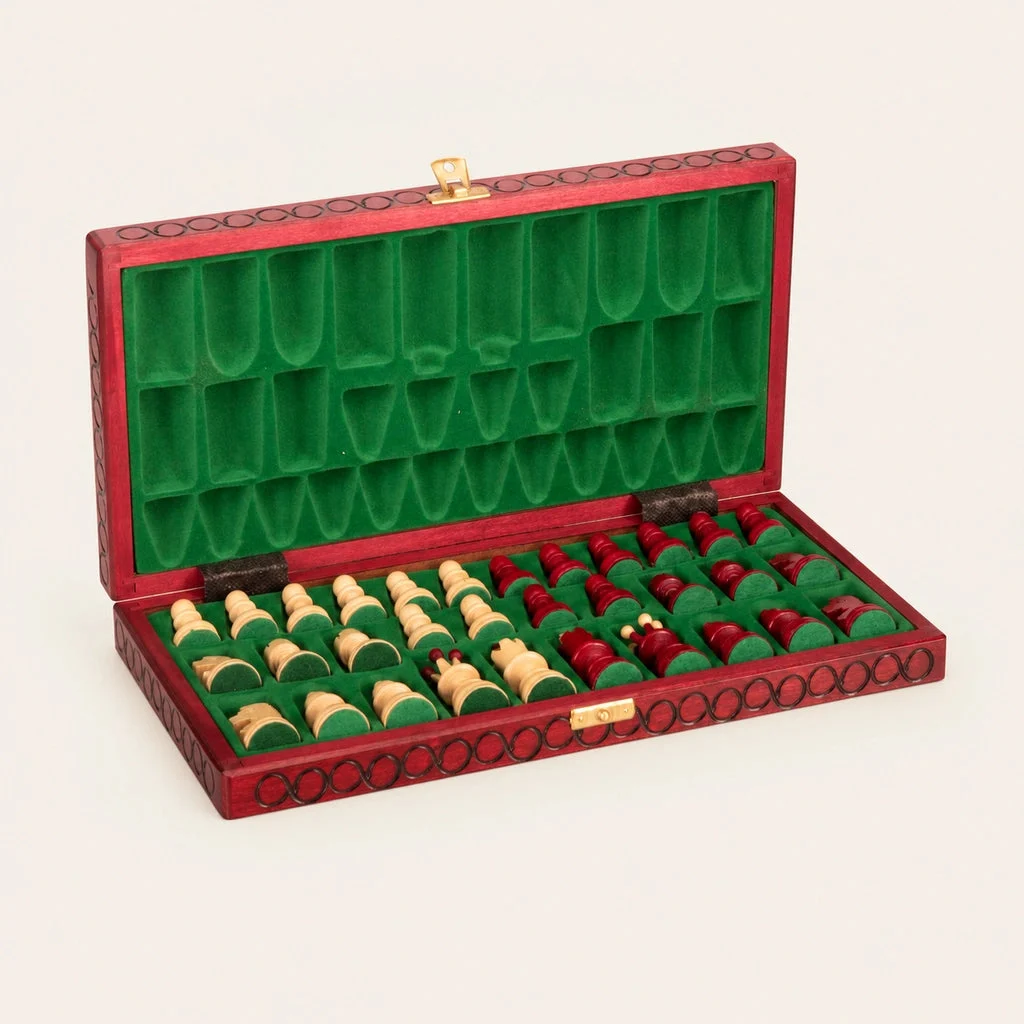 L’Opaline cherry chess set — open storage