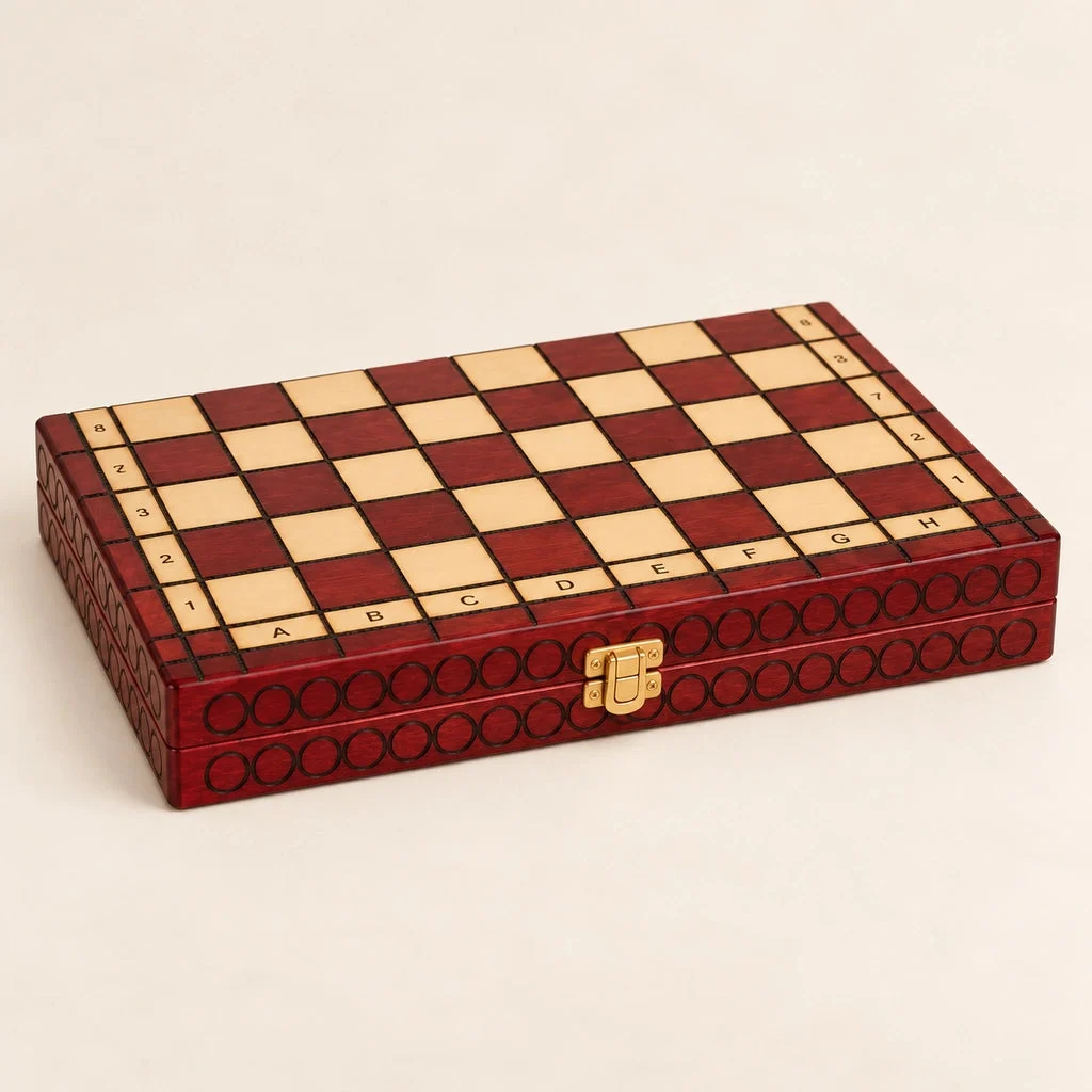 L’Opaline cherry chess set — closed case