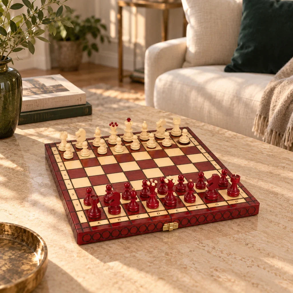 L’Opaline cherry chess set — styled in a living room