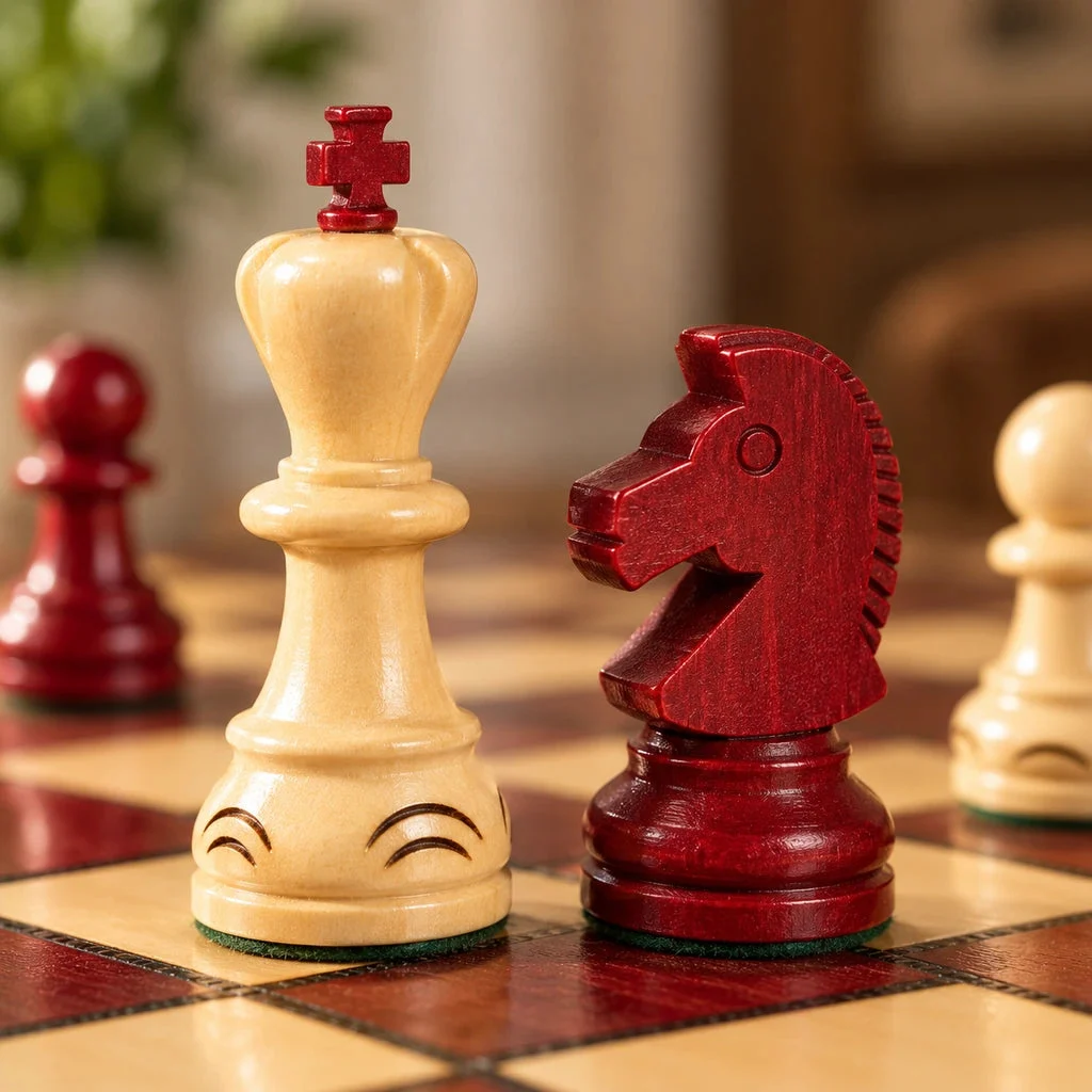 L’Opaline cherry chess set — carving detail