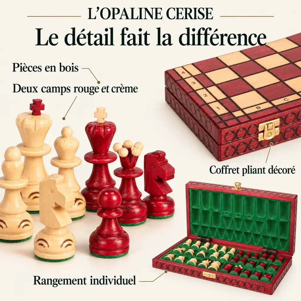 L’Opaline cherry chess set — close-ups of the materials, finishes and storage