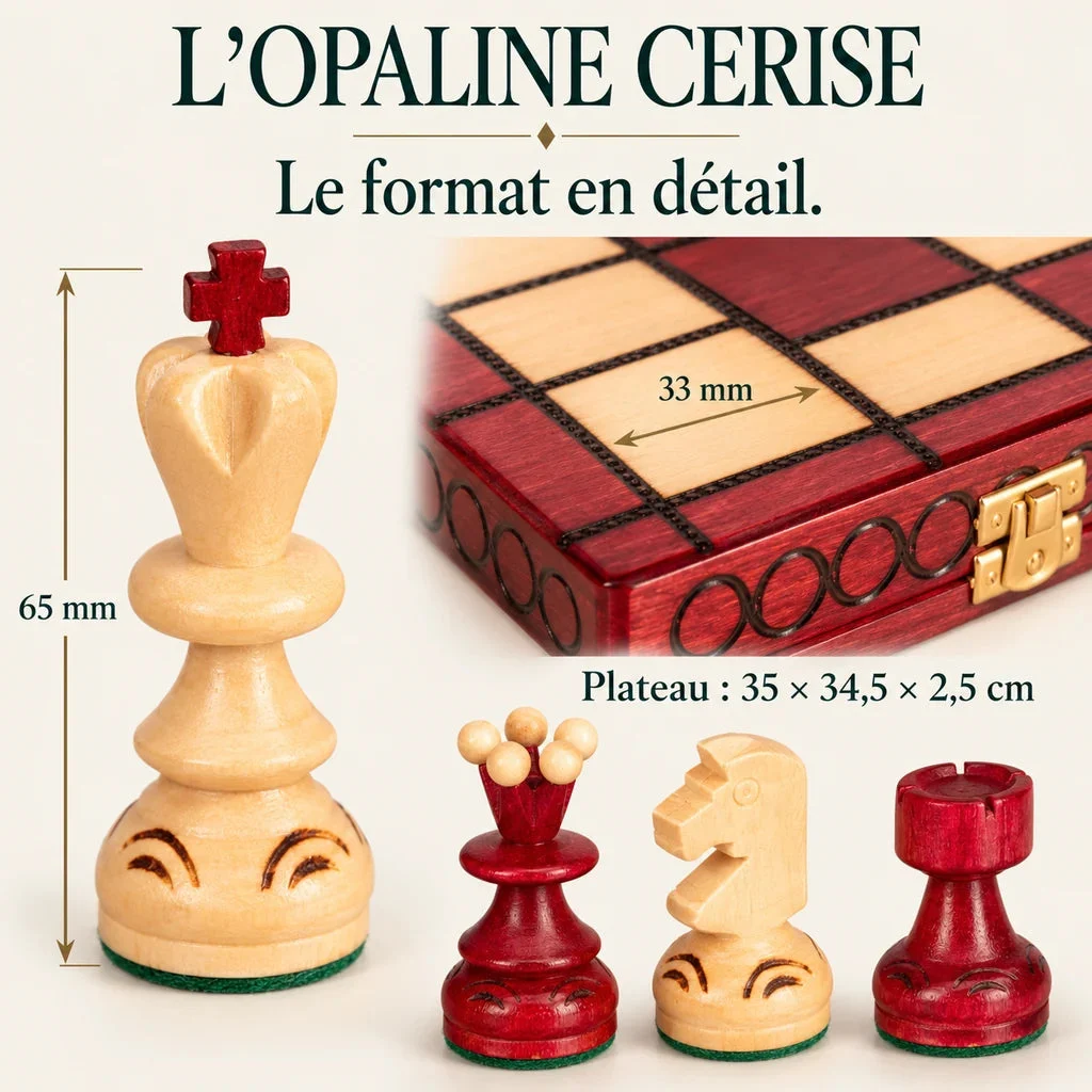L’Opaline cherry chess set — model dimensions and king height confirmed by the manufacturer