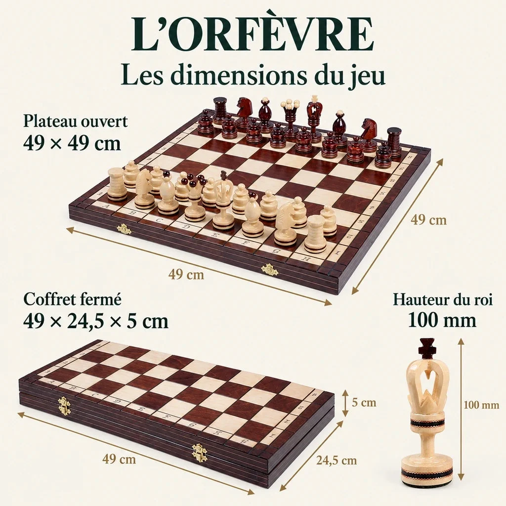 Set di scacchi L’Orfèvre con intarsi in ottone — dimensioni verificate del modello