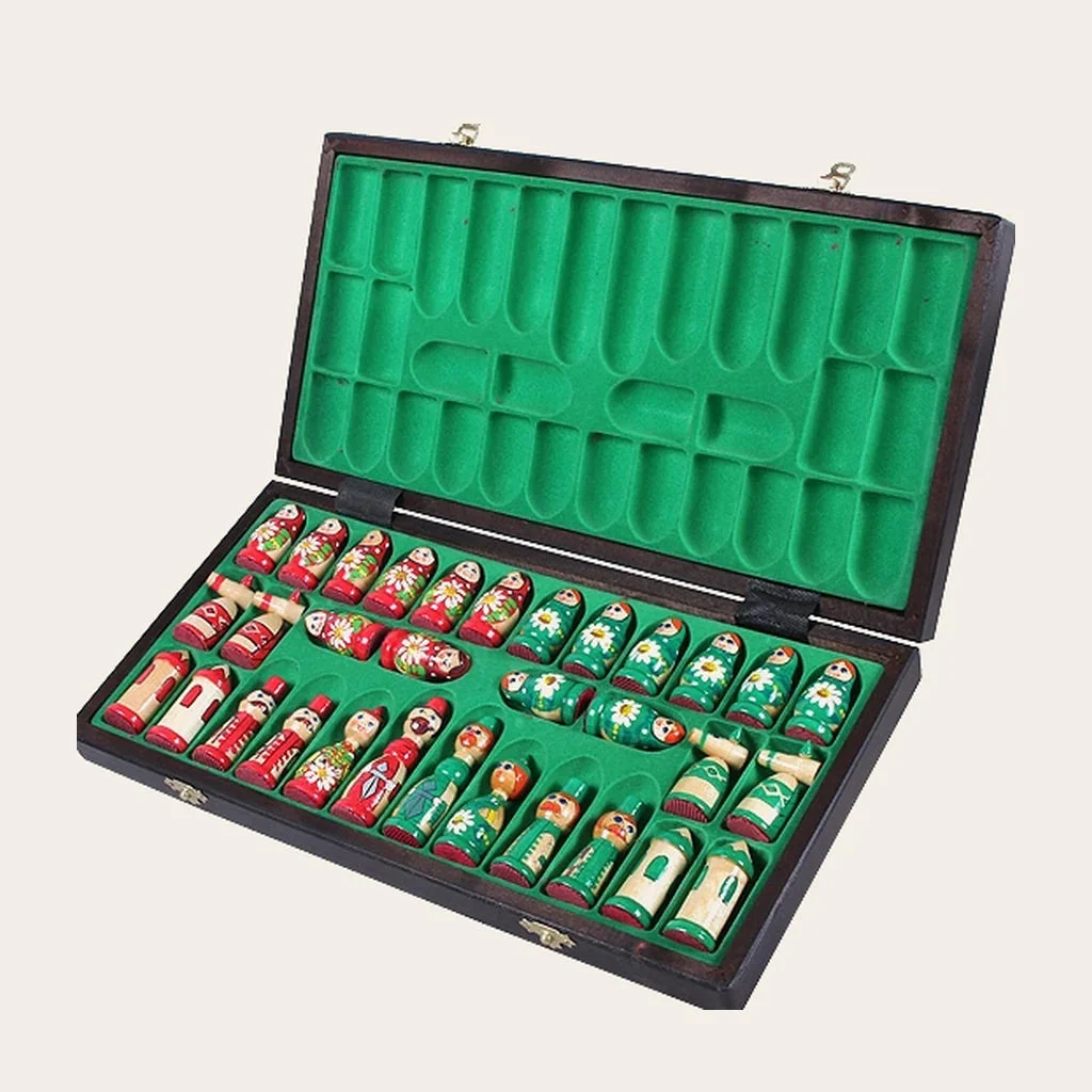 Matriochka chess set — open case with the pieces stored