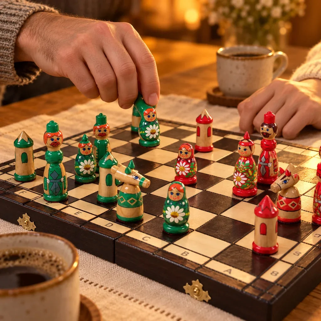Matriochka chess set — game in progress