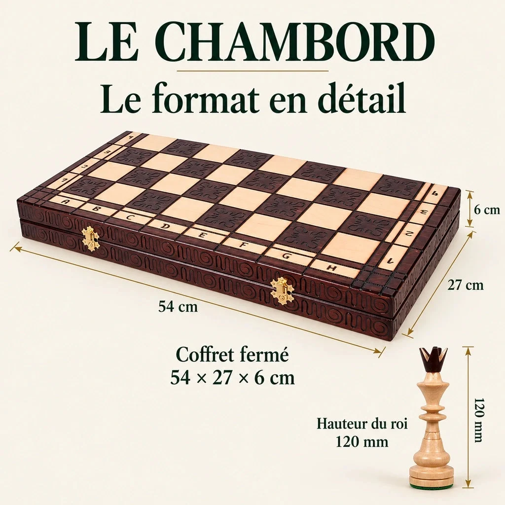 Dřevěné šachy Le Chambord s dekorem — ověřené rozměry modelu
