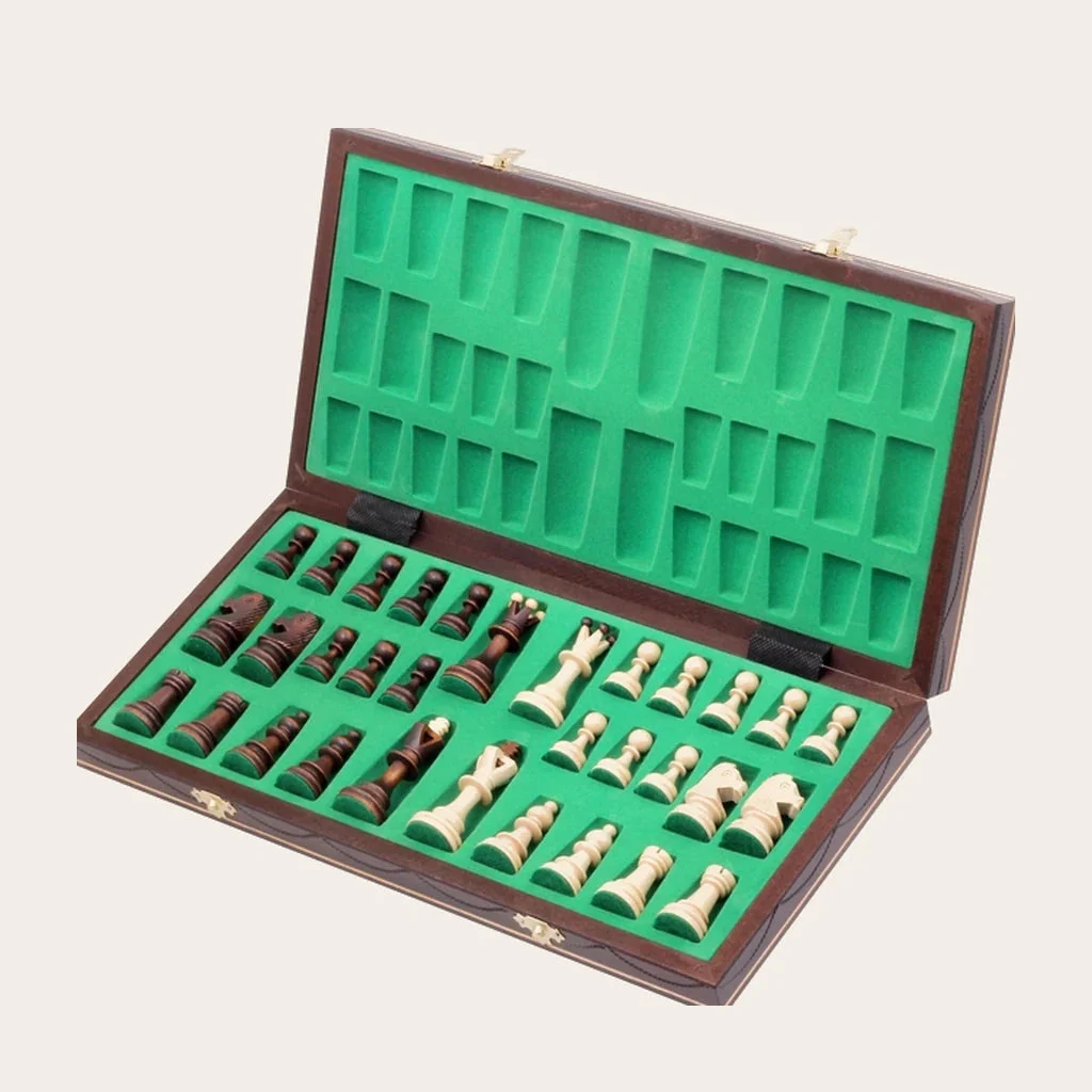 Set di scacchi Le Connétable — cofanetto aperto, pezzi riposti