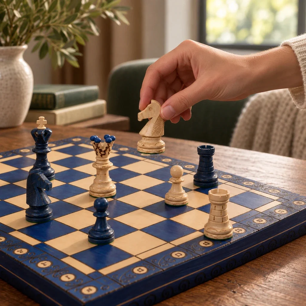 Schachspiel Le Diplomate blau — eine Hand bewegt eine Figur