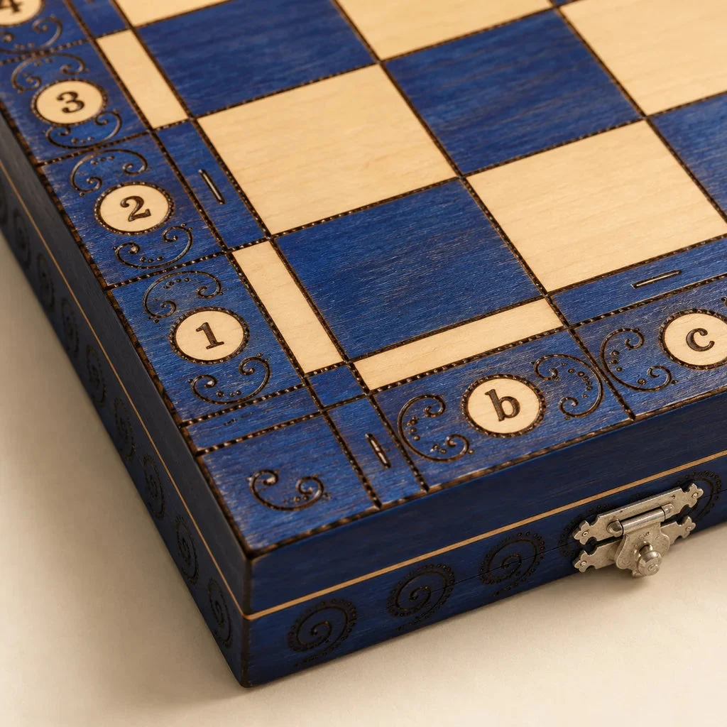 Schachspiel Le Diplomate blau — Detail von Holz und Dekor