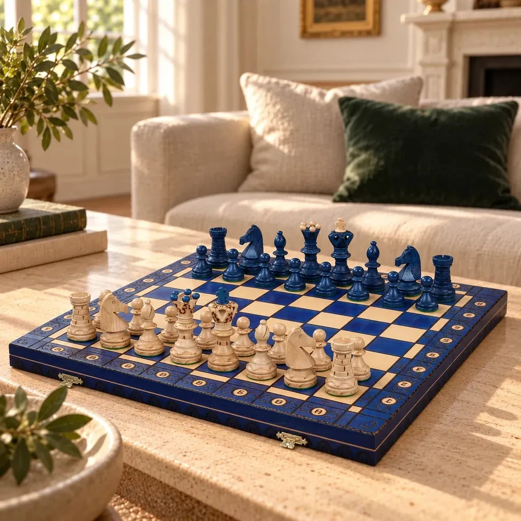 Schachspiel Le Diplomate blau — das komplette Spiel im Wohnzimmer, Brett 8 × 8