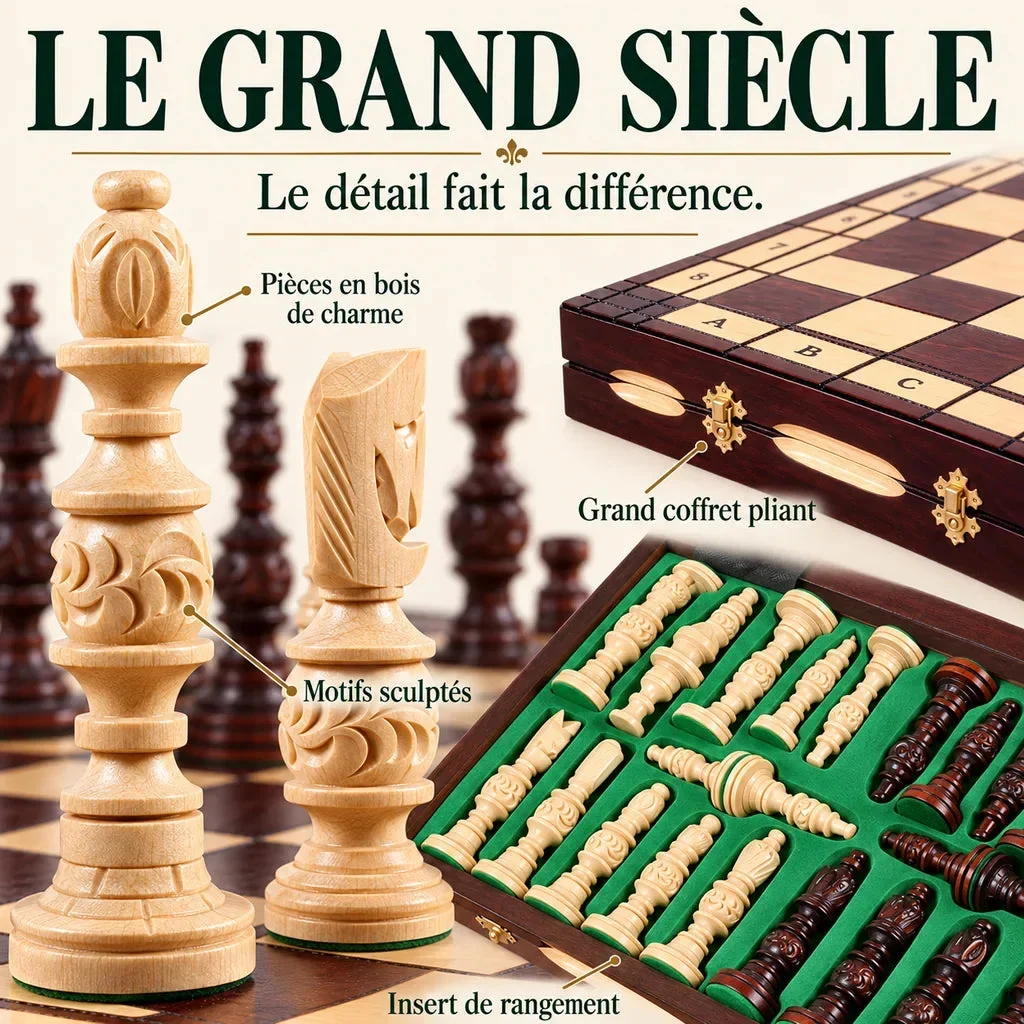 Juego de ajedrez Le Grand Siècle de madera — primeros planos de los materiales, los acabados y el almacenaje