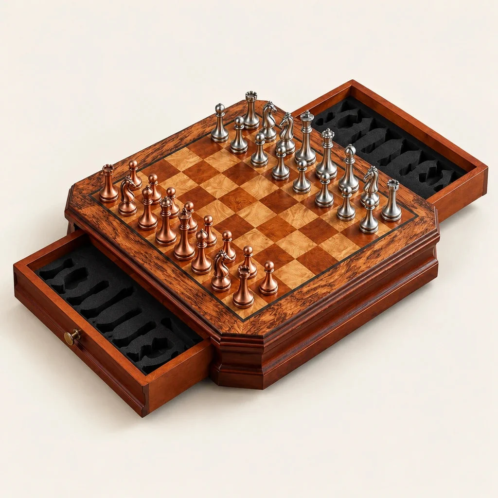 Montparnasse chess set — overview on a cream background