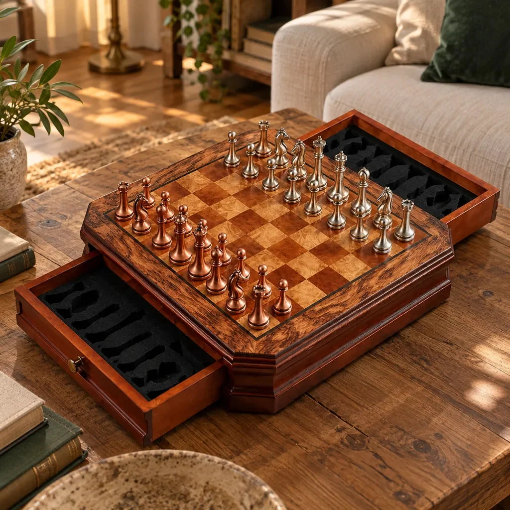 Montparnasse chess set — styled in a living room