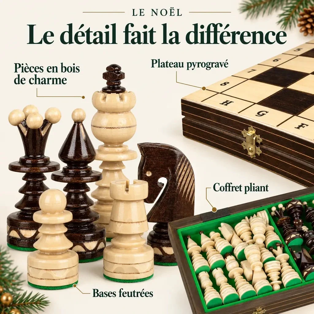 Dřevěné šachy Le Noël — detaily materiálů, povrchů a úložného prostoru
