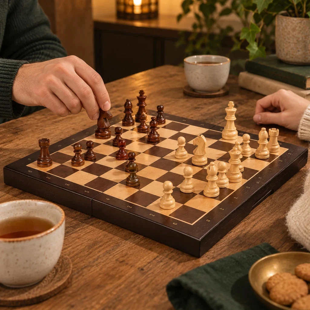 Nomade ebony magnetic chess set — game in progress