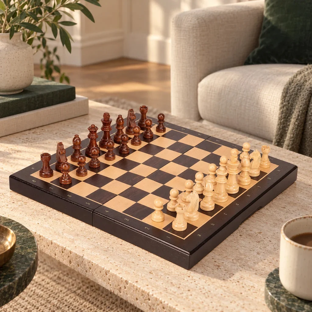 Nomade ebony magnetic chess set — styled in a living room
