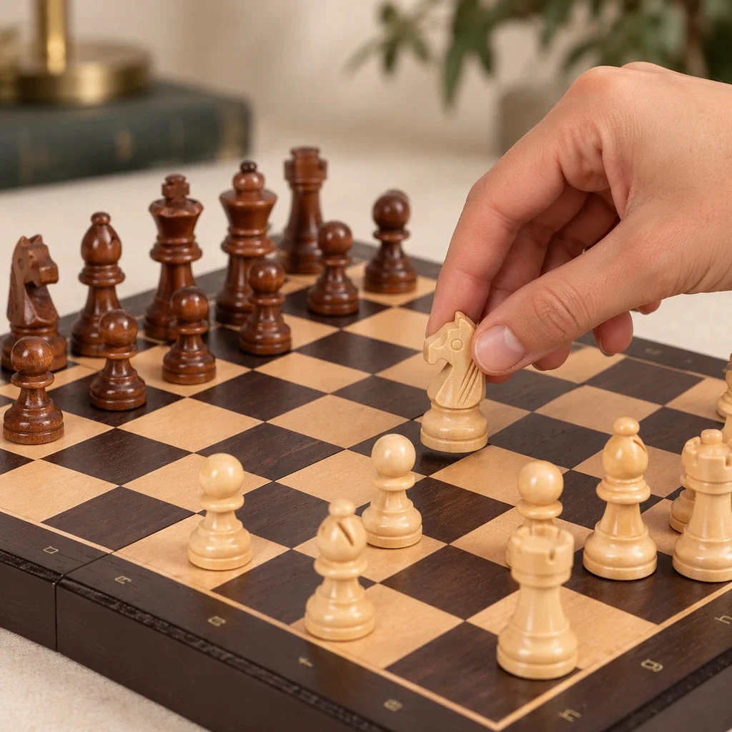 Nomade ebony magnetic chess set — a hand moves a piece
