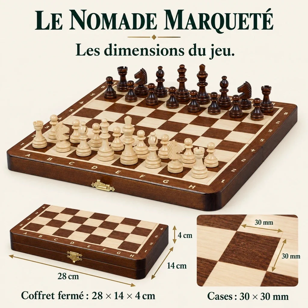 Magnetisches Schachspiel Le Nomade mit Marketerie — geprüfte Abmessungen des Modells