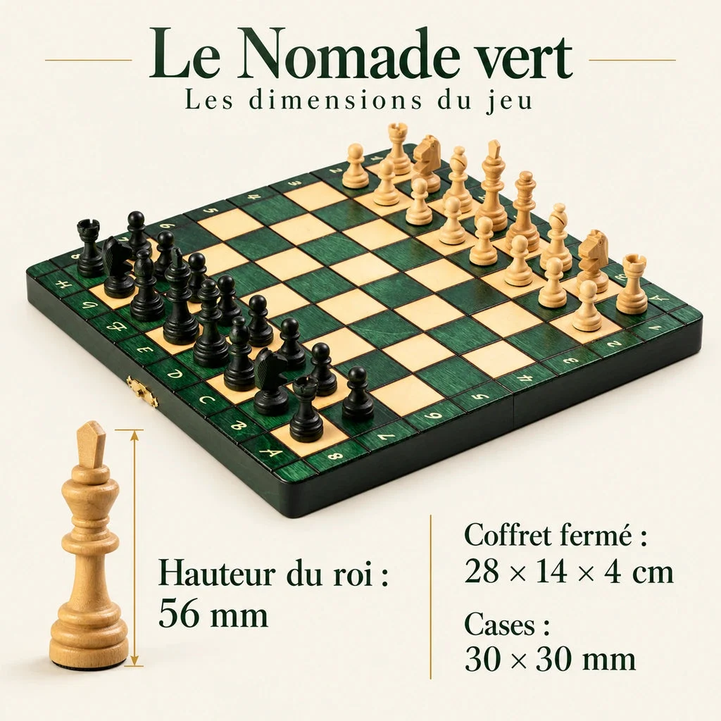 Le Nomade vert — zatvorená kazeta 28 × 14 × 4 cm, kráľ 56 mm a polia 30 mm