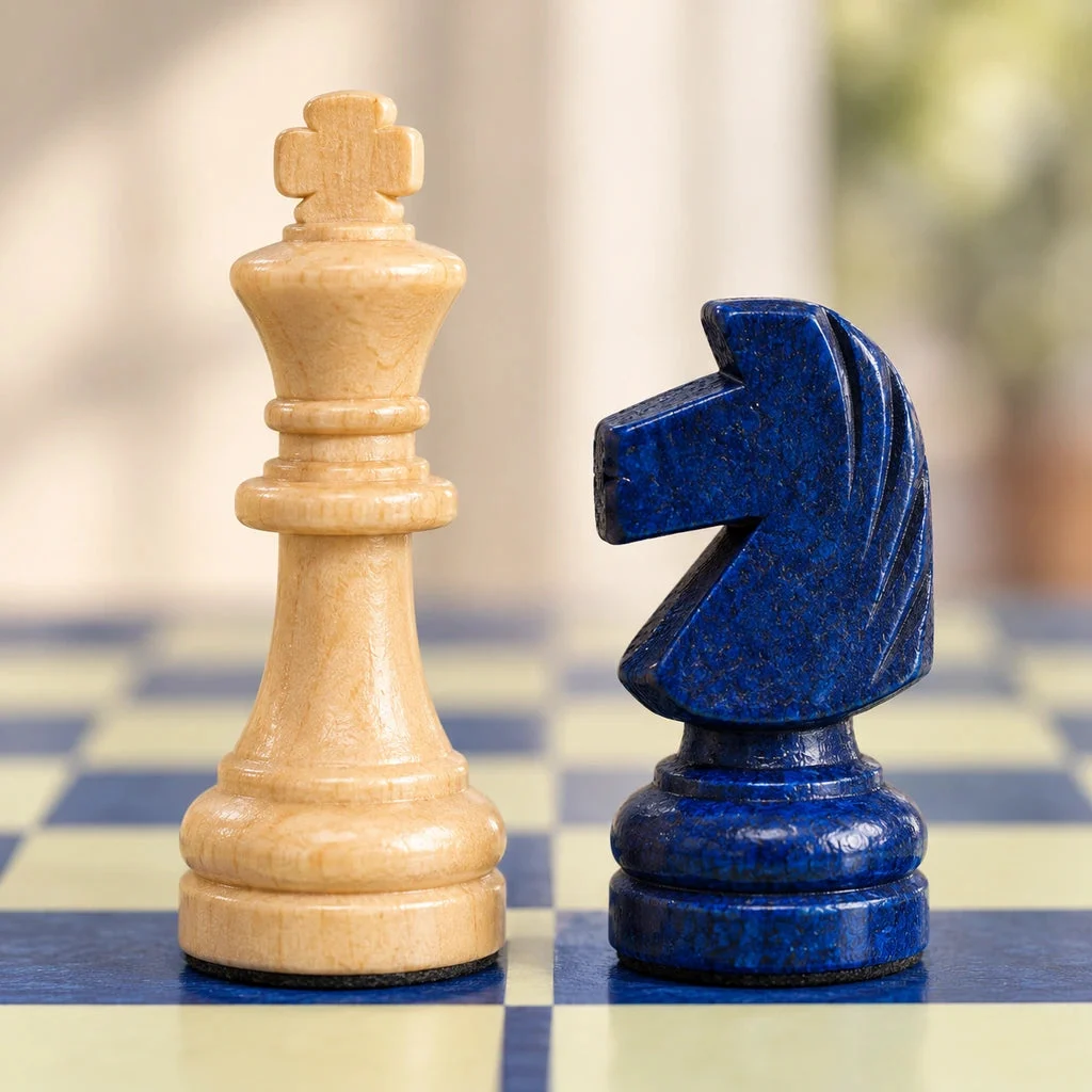 Petit Nomade blue magnetic chess set — carving detail