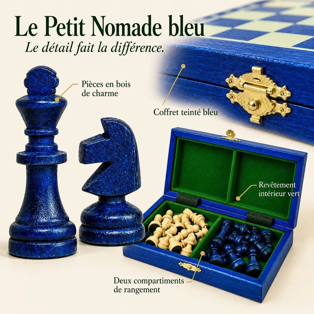 Petit Nomade blue magnetic chess set — close-ups of the materials, finishes and storage