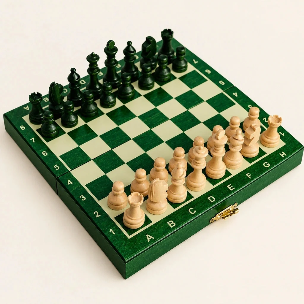 Set di scacchi magnetico Le Petit Nomade vert — il set completo su sfondo crema