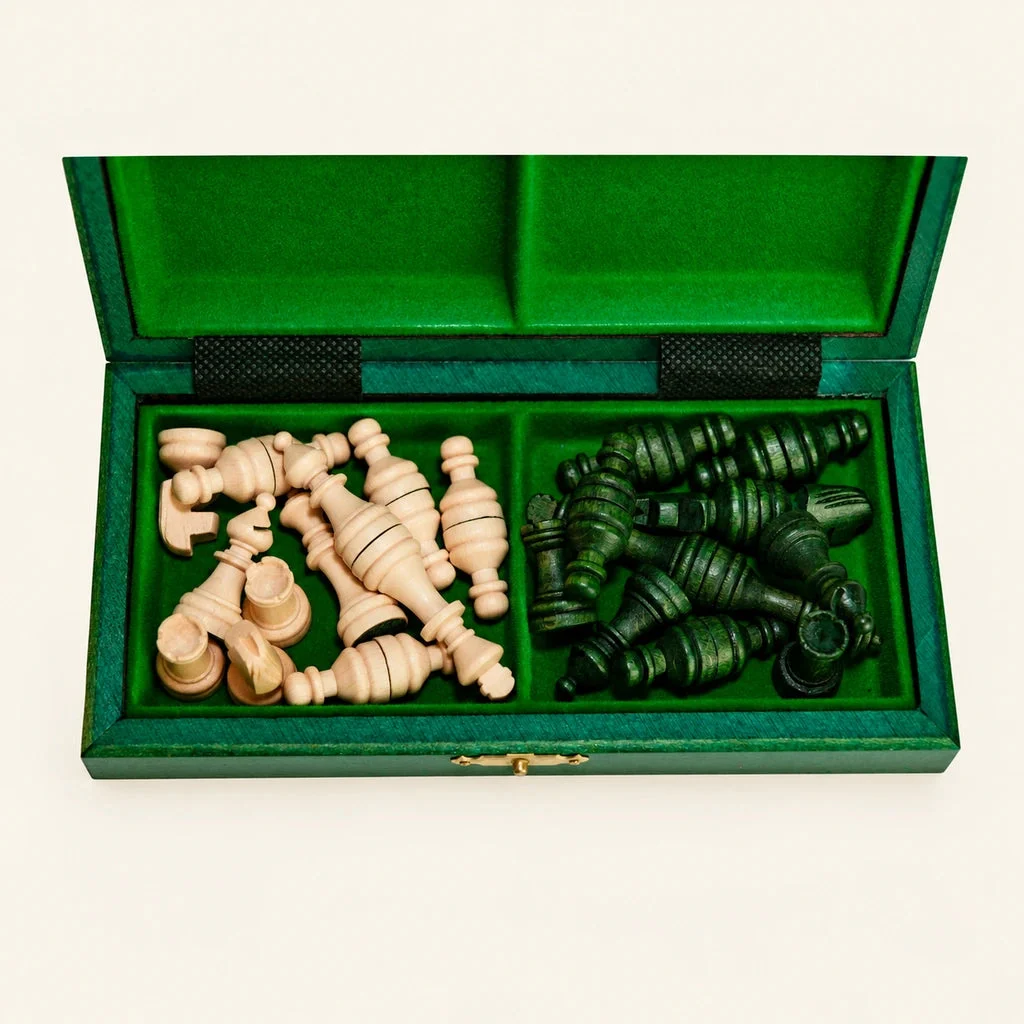 Set di scacchi Le Petit Nomade vert — cofanetto aperto, pezzi riposti