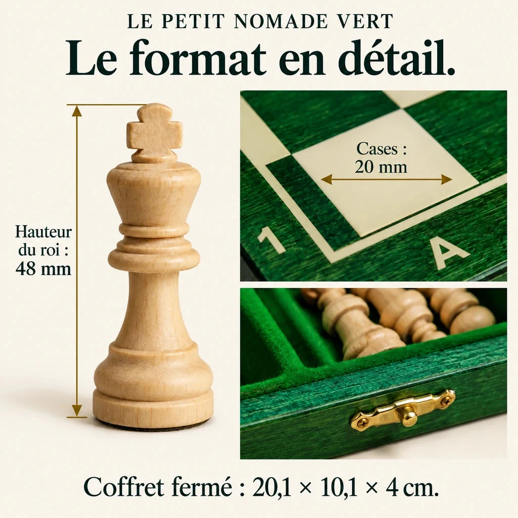 Set di scacchi magnetico Le Petit Nomade vert — dimensioni del modello e altezza del re confermate dal produttore