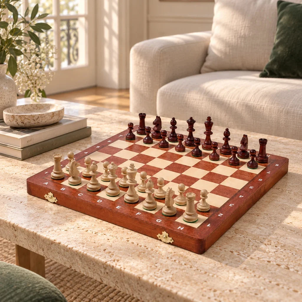 Régence No. 4 chess set with extra queens — styled in a living room