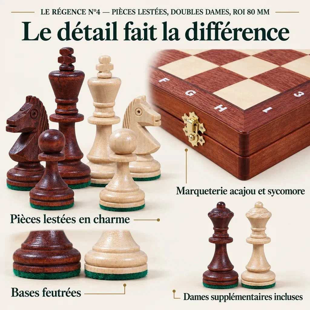 Régence No. 4 chess set with extra queens — close-ups of the materials, finishes and storage