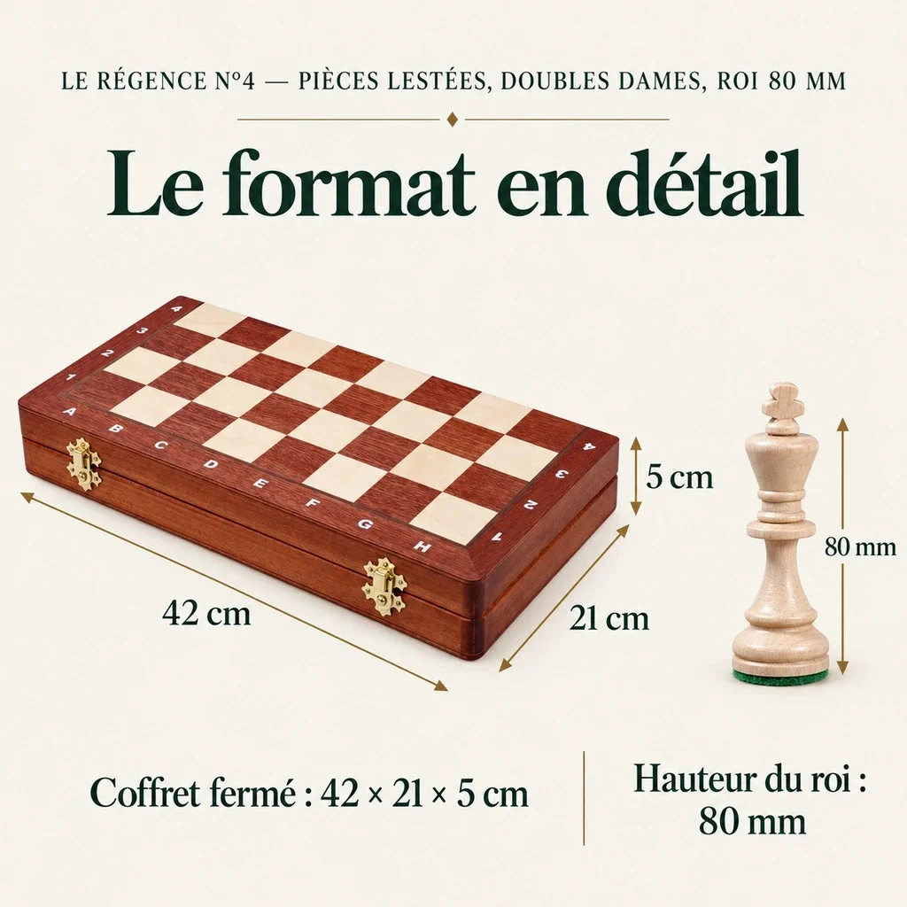 Régence No. 4 chess set with extra queens — verified dimensions of the model