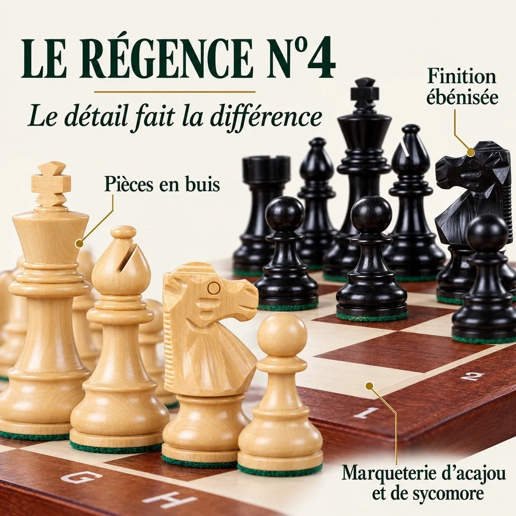 Régence No. 4 chess set — close-ups of the materials, finishes and storage