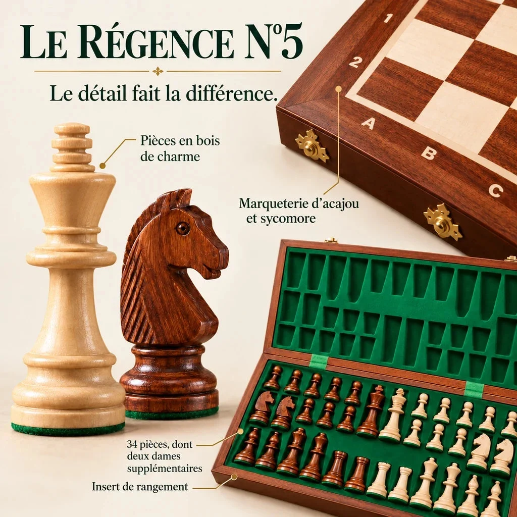 Juego de ajedrez Le Régence n.º 5 con marquetería — primeros planos de los materiales, los acabados y el almacenaje