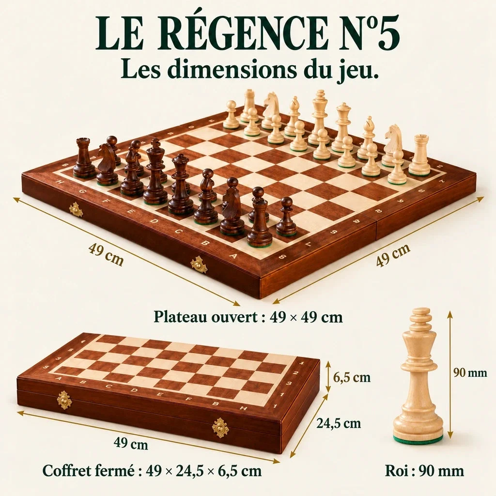 Juego de ajedrez Le Régence n.º 5 con marquetería — dimensiones verificadas del modelo