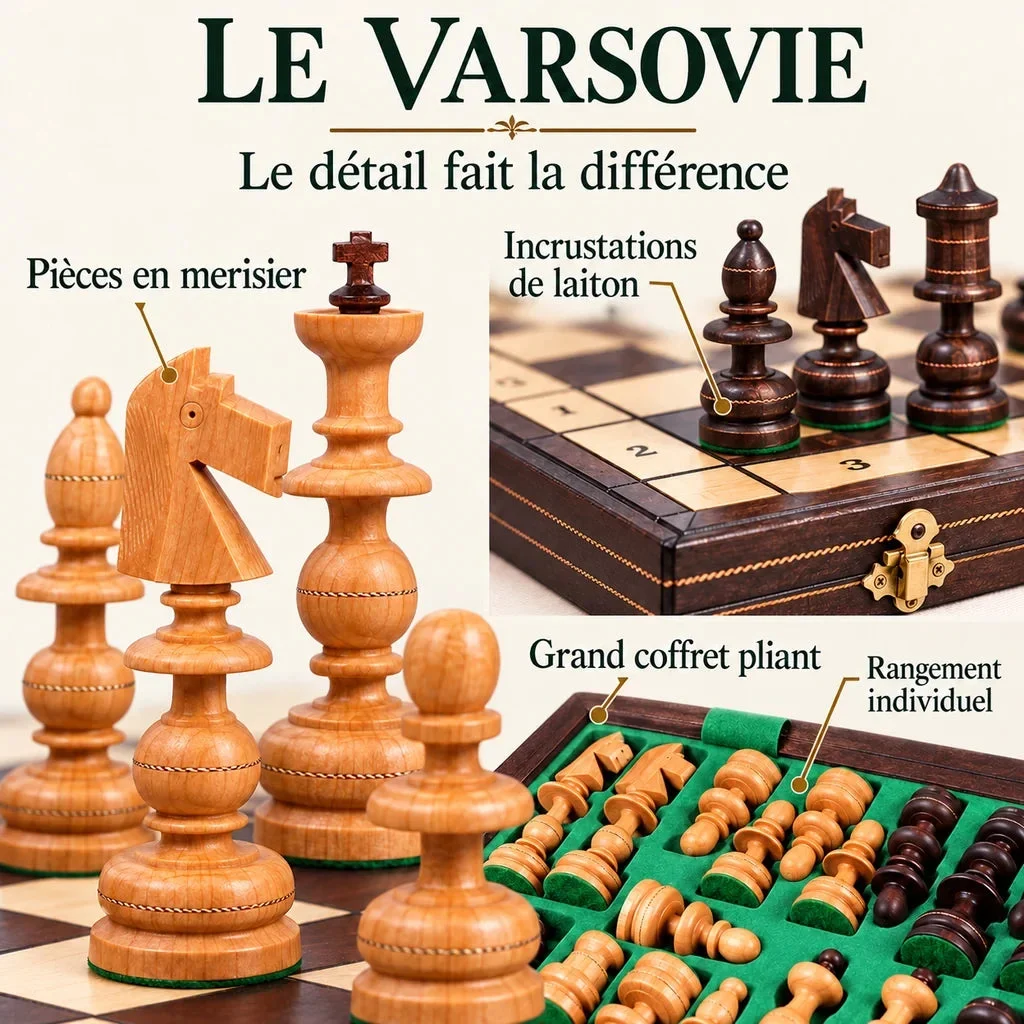 Třešňové šachy Le Varsovie — detaily materiálů, povrchů a úložného prostoru